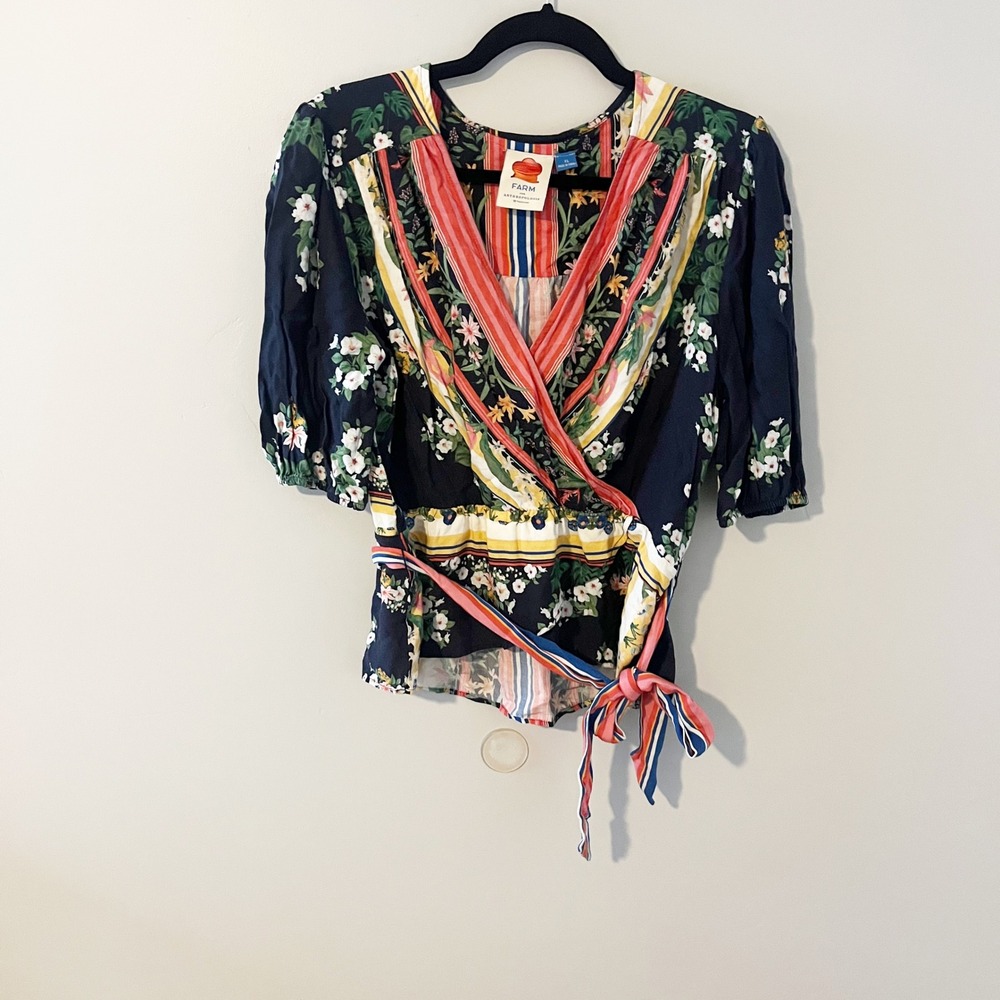 Farm Rio for Anthropologie Tropical Floral Striped Wrap Blouse Navy XL - Picture 2 of 15